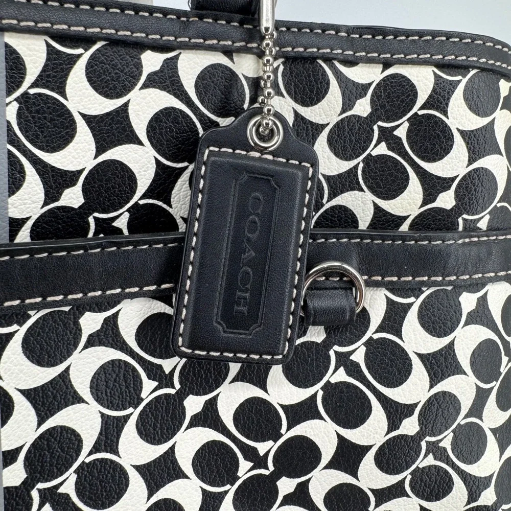 Coach Chelsea Heritage Stripe Signature Tote Black White Canvas Leather F15137